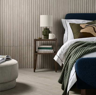 Skandi birch style tiles in a bedroom