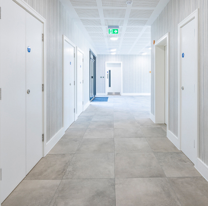 grey tile hallway