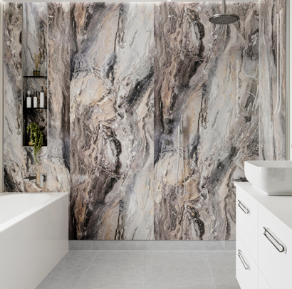 Marble effect tiles in a bathroom